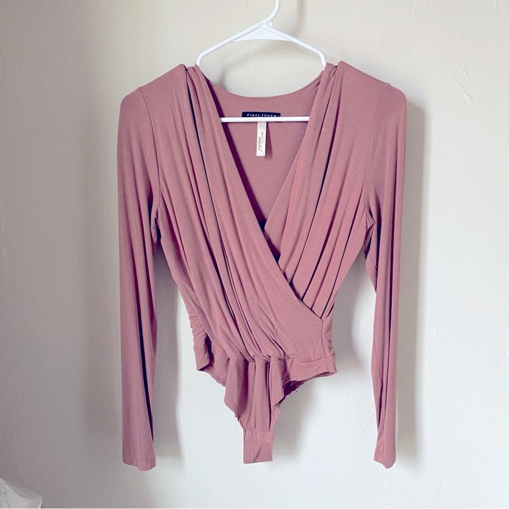 Mauve long sleeve deep V faux wrap bodysuit
